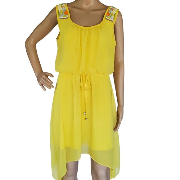 Yellow Beaded Sleeveless Sundress Women's Medium Lined Flared City Triangle - Picture 4 of 11